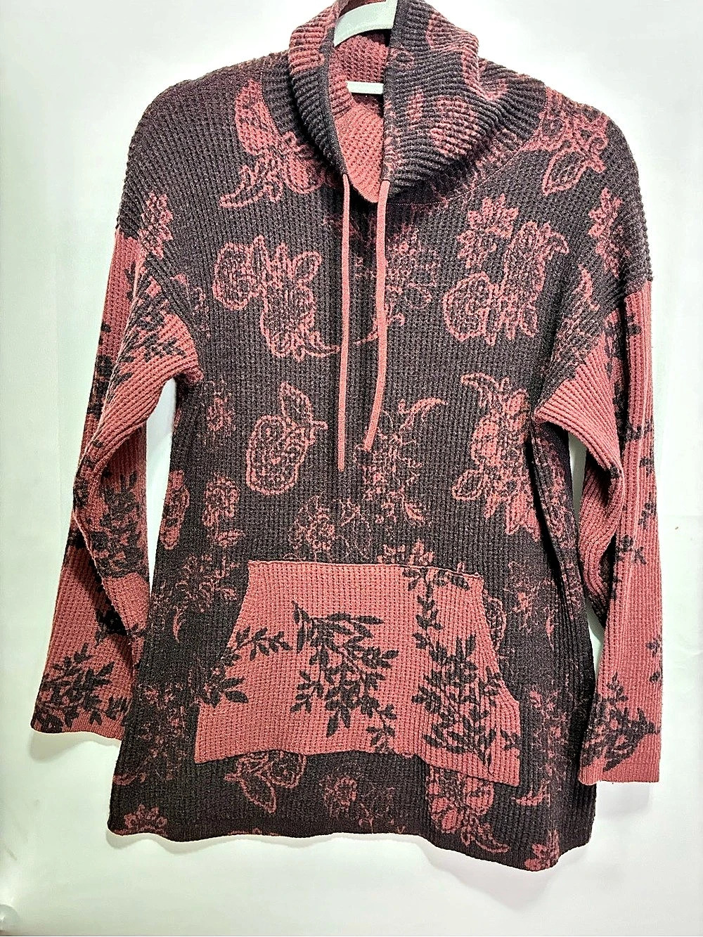 Coldwater Creek Women’s Medium Burgundy Floral Cowl Neck Waffle Knit Sweater